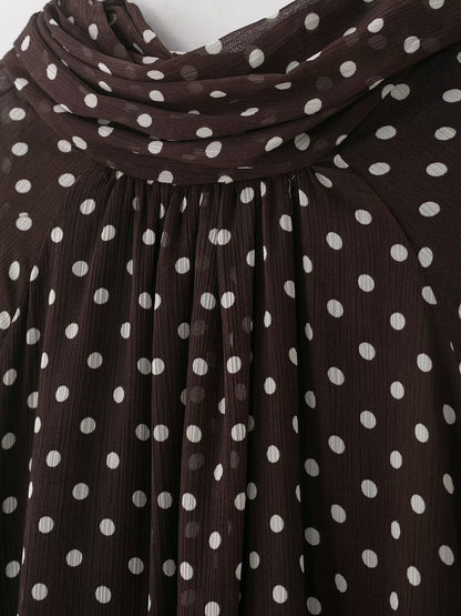 Polka Dots Mesh Mock Neck Lantern Sleeves Blouse