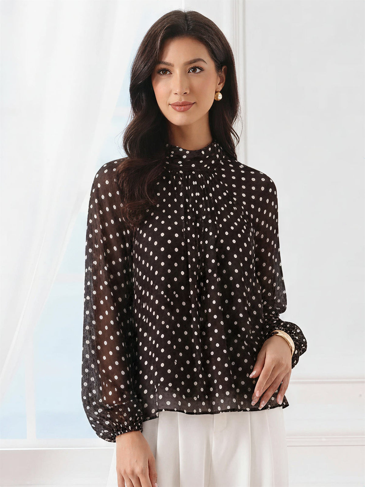 Polka Dots Mesh Mock Neck Lantern Sleeves Blouse