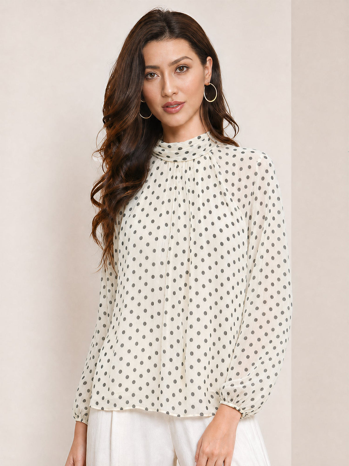 Polka Dots Mesh Mock Neck Lantern Sleeves Blouse
