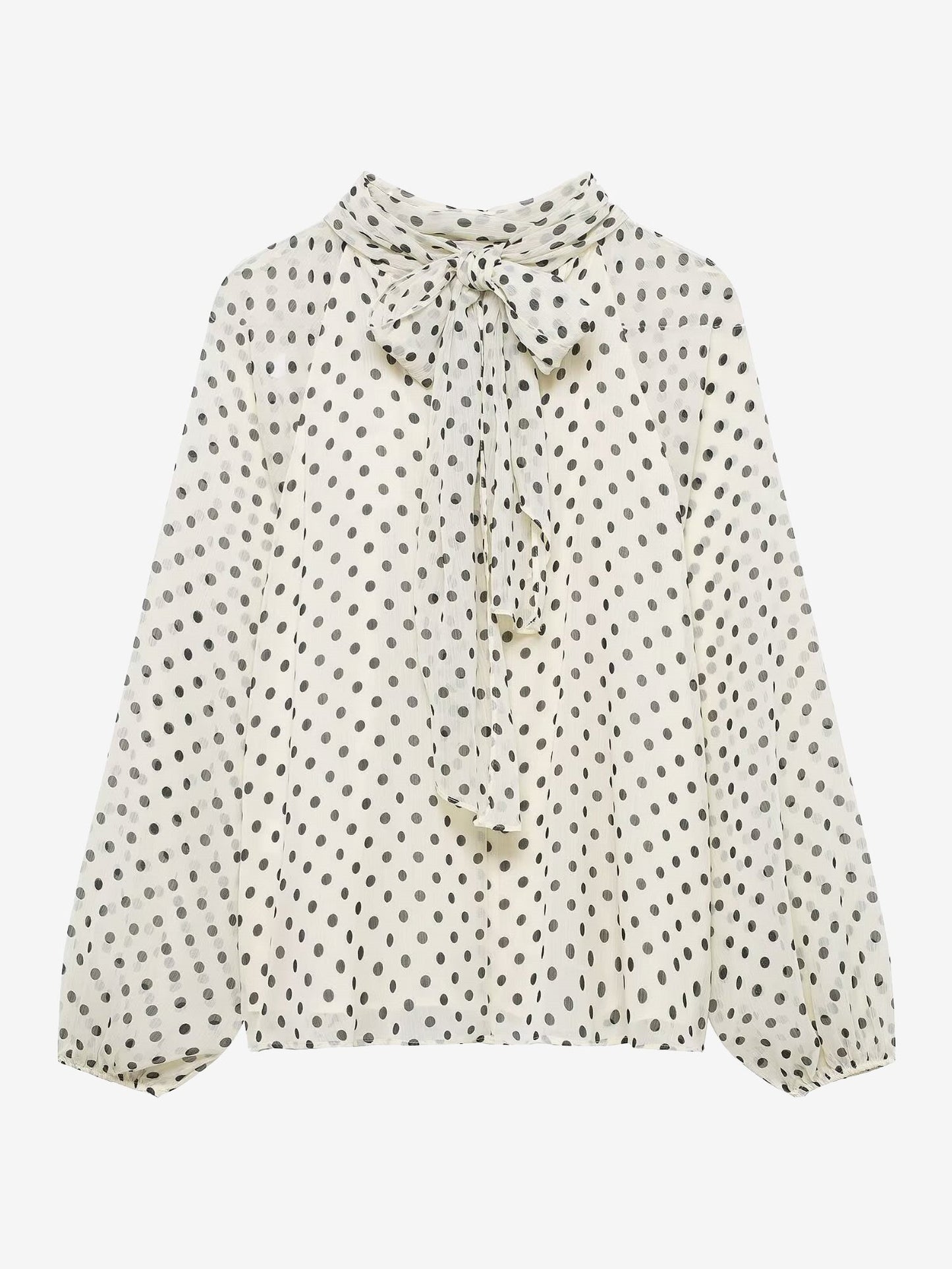 Polka Dots Mesh Mock Neck Lantern Sleeves Blouse
