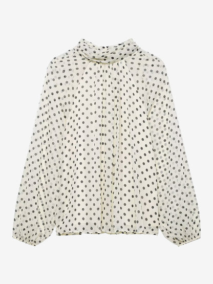 Polka Dots Mesh Mock Neck Lantern Sleeves Blouse
