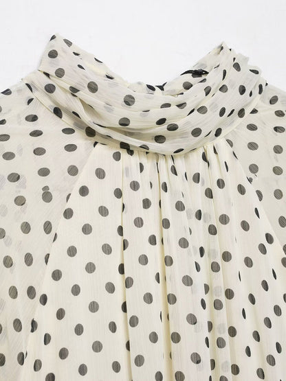 Polka Dots Mesh Mock Neck Lantern Sleeves Blouse