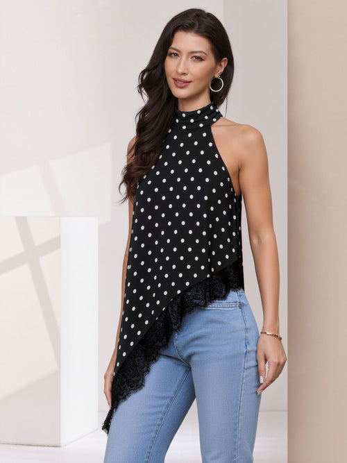 Sleeveless Satin Polka Dot Lace Irregular Hem Blouse