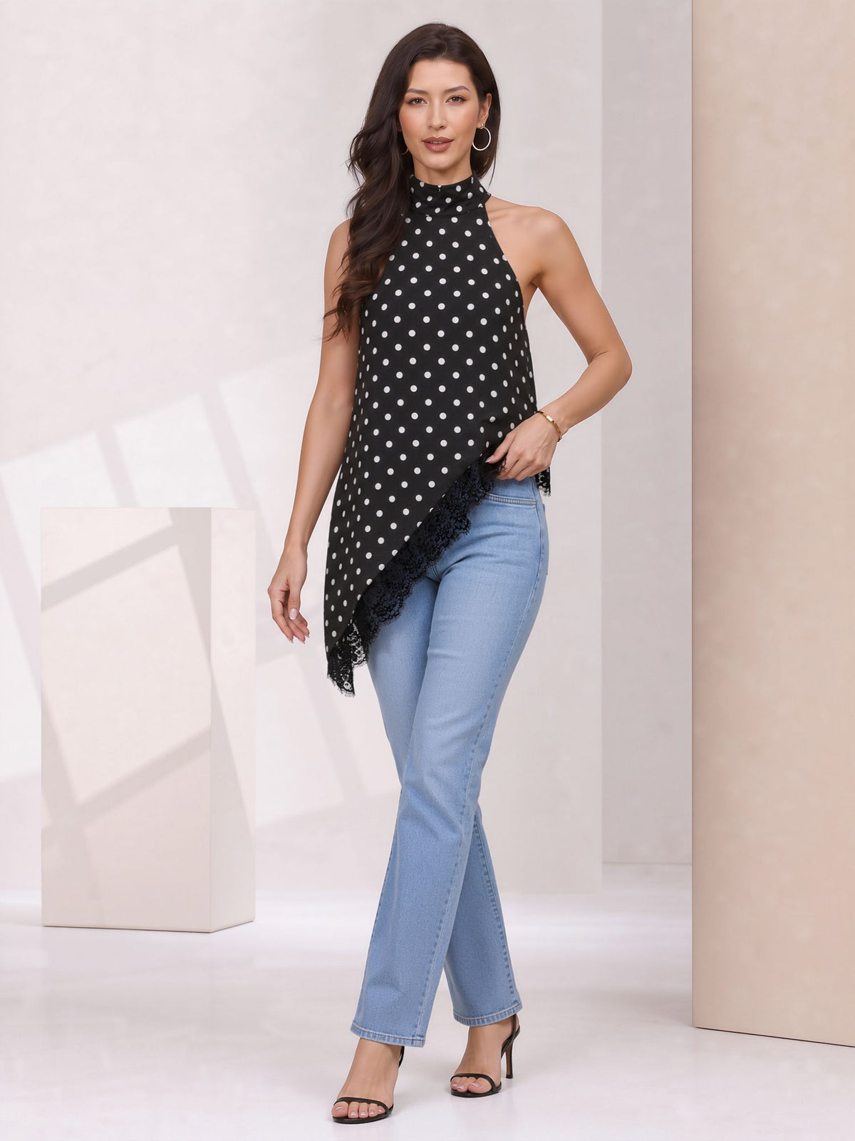 Sleeveless Satin Polka Dot Lace Irregular Hem Blouse