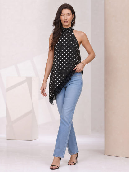 Sleeveless Satin Polka Dot Lace Irregular Hem Blouse