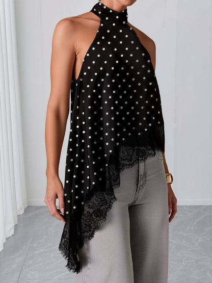 Sleeveless Satin Polka Dot Lace Irregular Hem Blouse