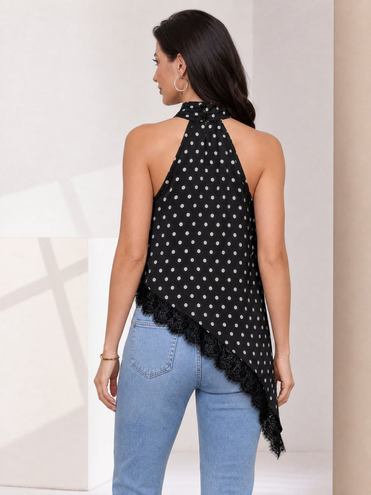 Sleeveless Satin Polka Dot Lace Irregular Hem Blouse