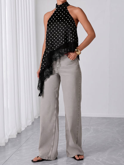 Sleeveless Satin Polka Dot Lace Irregular Hem Blouse