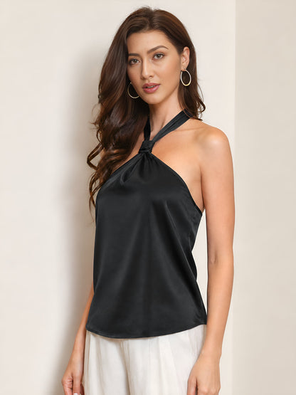 Halter Neck Lace-Up Backless Satin Sleeveless Blouse