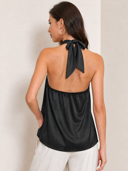 Halter Neck Lace-Up Backless Satin Sleeveless Blouse