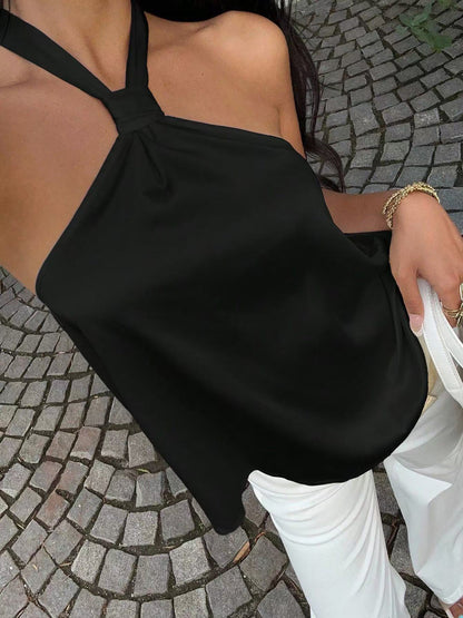 Halter Neck Lace-Up Backless Satin Sleeveless Blouse