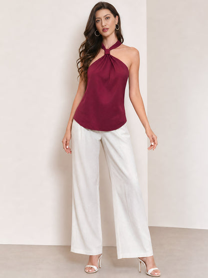 Halter Neck Lace-Up Backless Satin Sleeveless Blouse