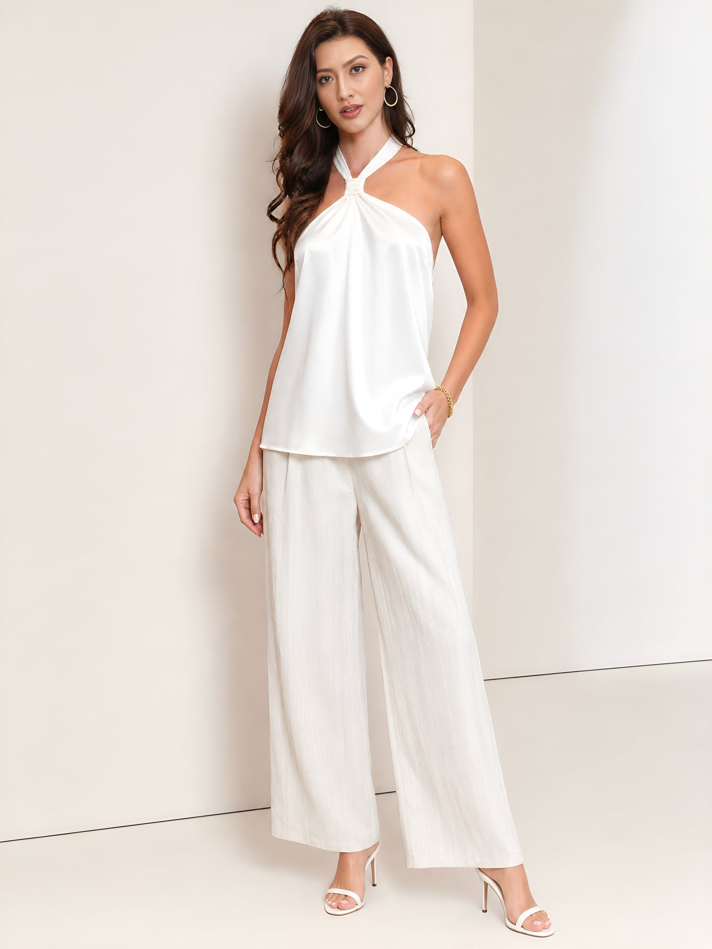 Halter Neck Lace-Up Backless Satin Sleeveless Blouse