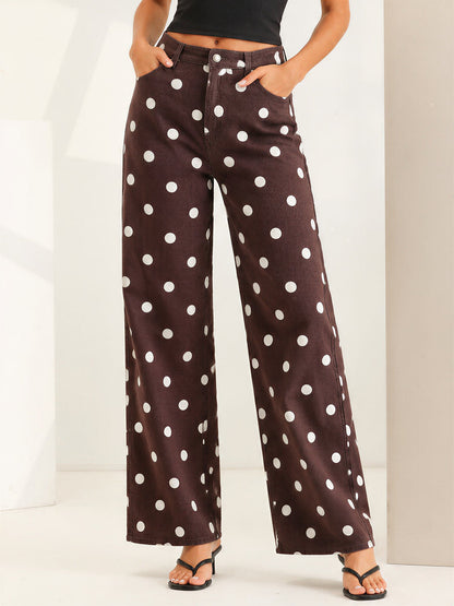 Polka Dot Mid-Rise Wide Legs Denim Pants Jeans