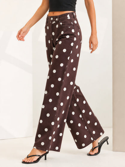 Polka Dot Mid-Rise Wide Legs Denim Pants Jeans