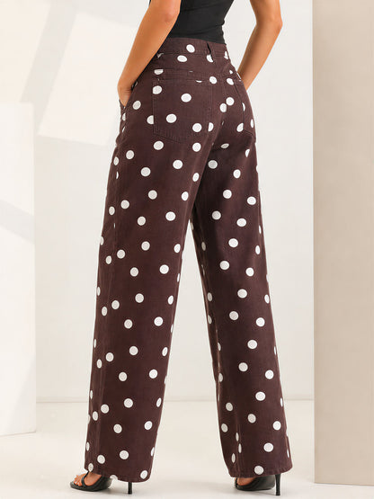 Polka Dot Mid-Rise Wide Legs Denim Pants Jeans