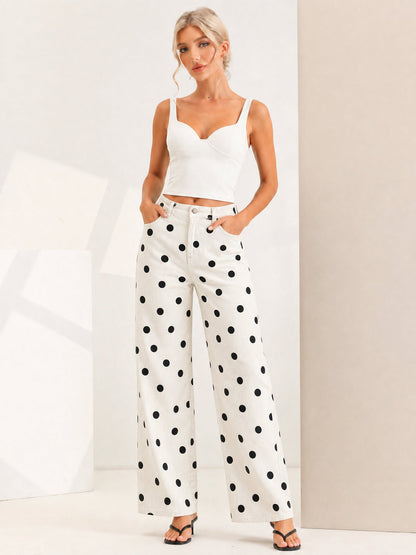 Polka Dot Mid-Rise Wide Legs Denim Pants Jeans