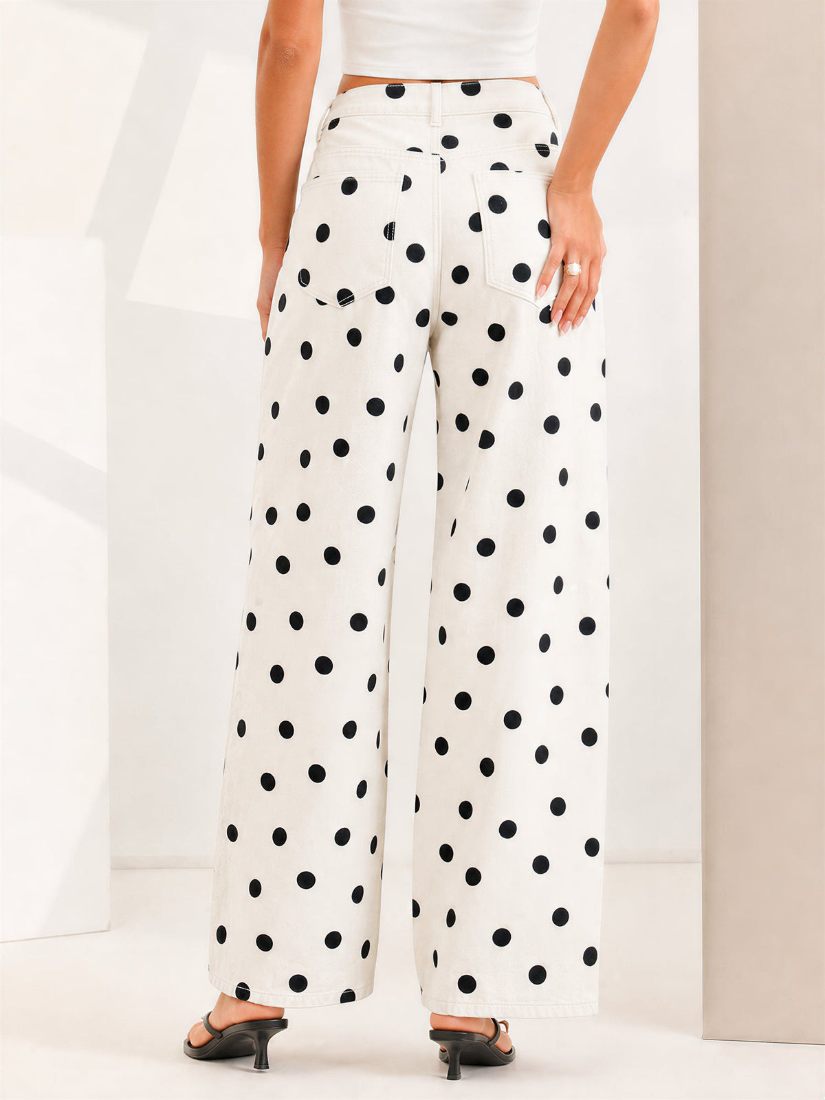 Polka Dot Mid-Rise Wide Legs Denim Pants Jeans