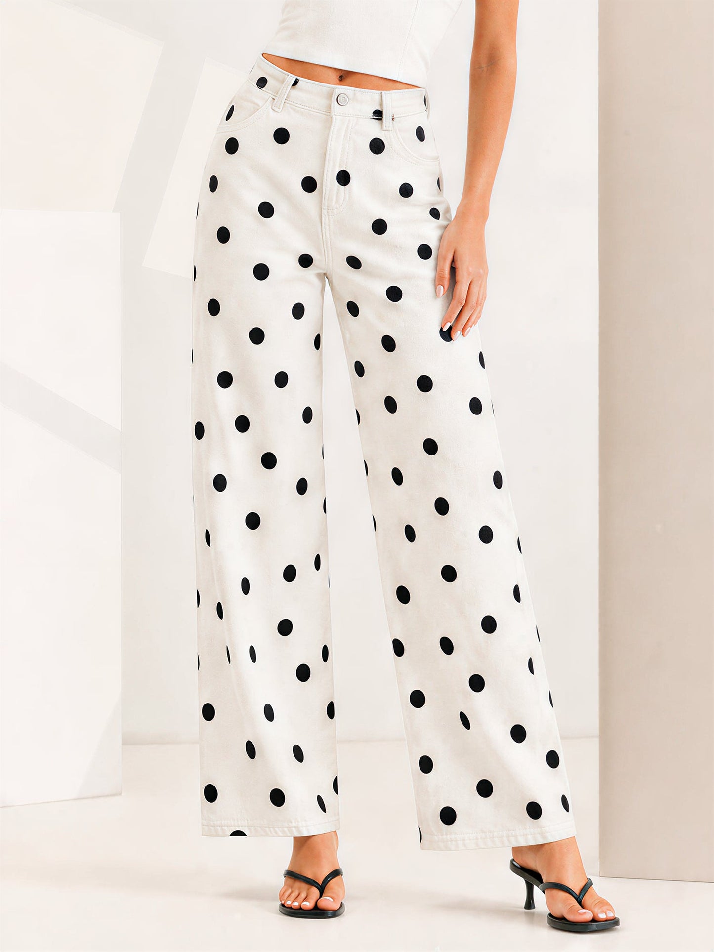 Polka Dot Mid-Rise Wide Legs Denim Pants Jeans