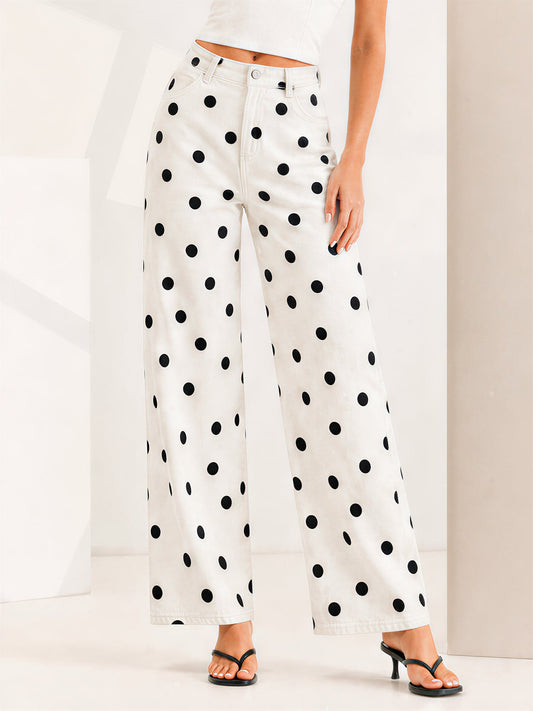 Polka Dot Mid-Rise Wide Legs Denim Pants Jeans