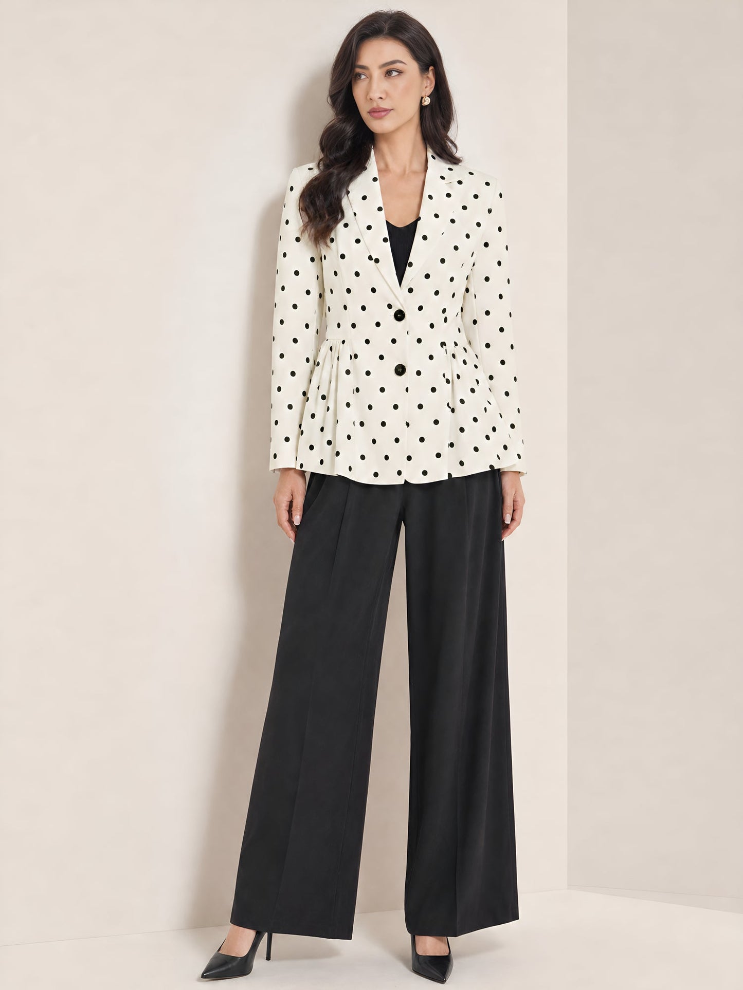 Polka Dots Ruffled Lapel Long Sleeves Blazer