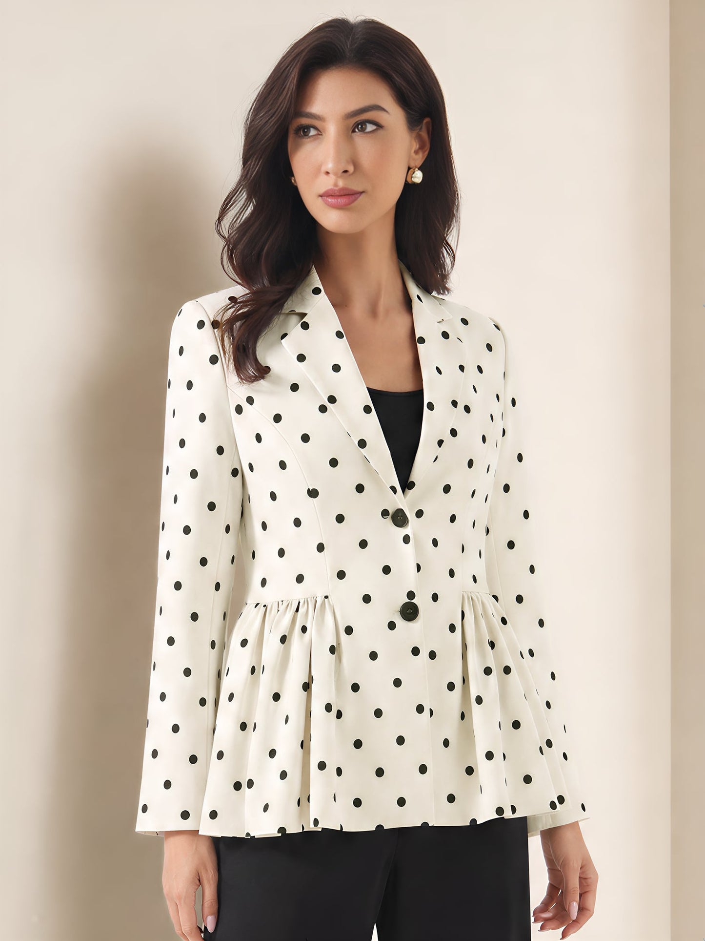 Polka Dots Ruffled Lapel Long Sleeves Blazer