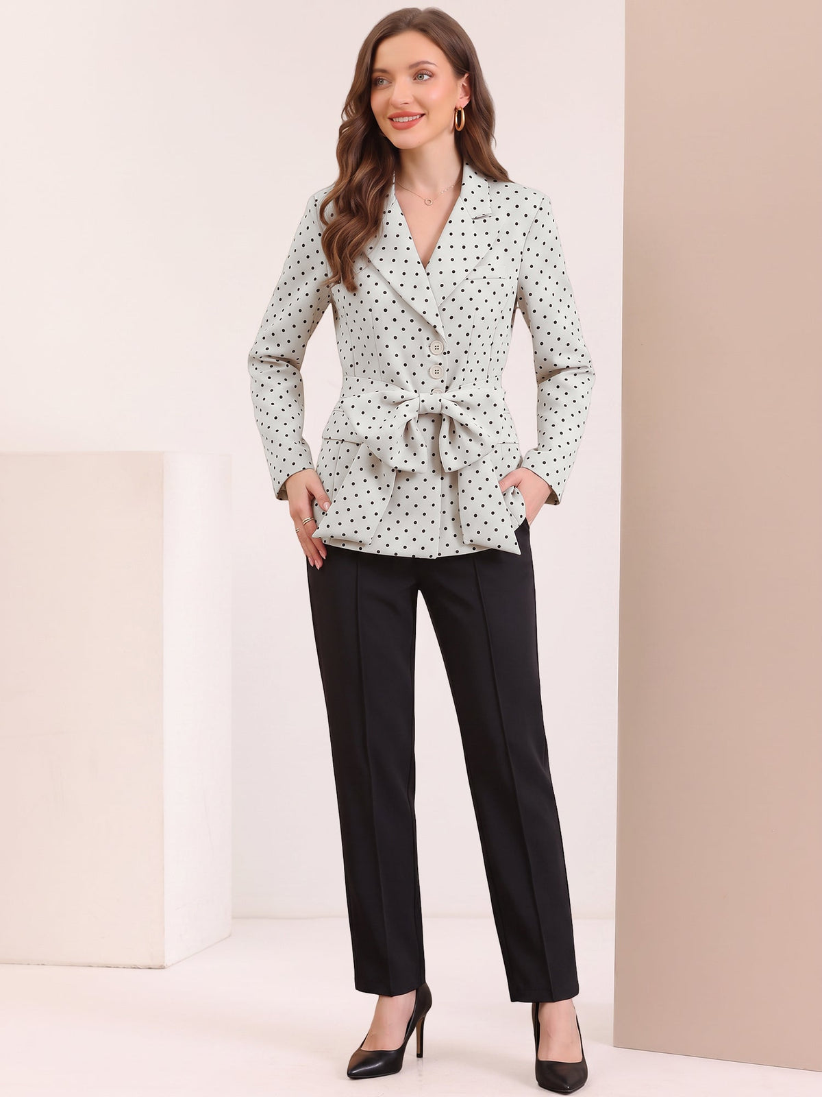 Polka Dots Bow Belt Long Sleeves Casual Blazer