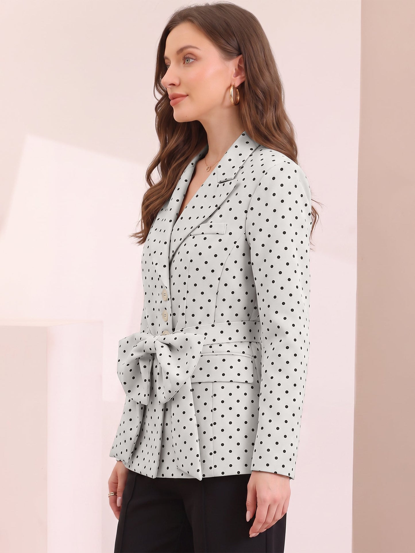 Polka Dots Bow Belt Long Sleeves Casual Blazer