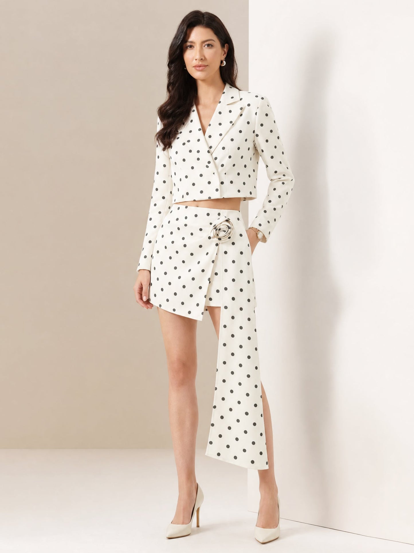 2 Pieces Polka Dots Cropped Blazer & Mini Skirt Suit Set