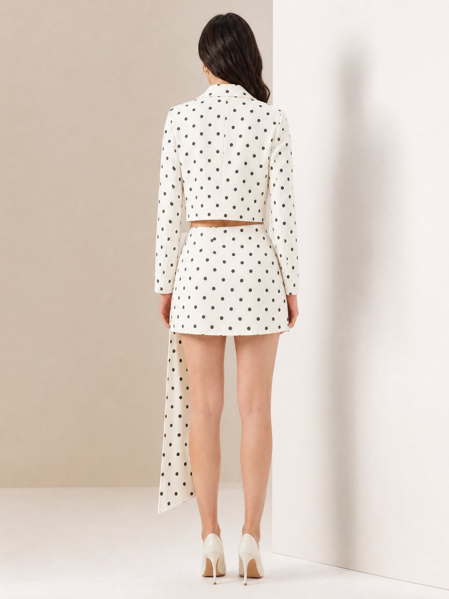 2 Pieces Polka Dots Cropped Blazer & Mini Skirt Suit Set