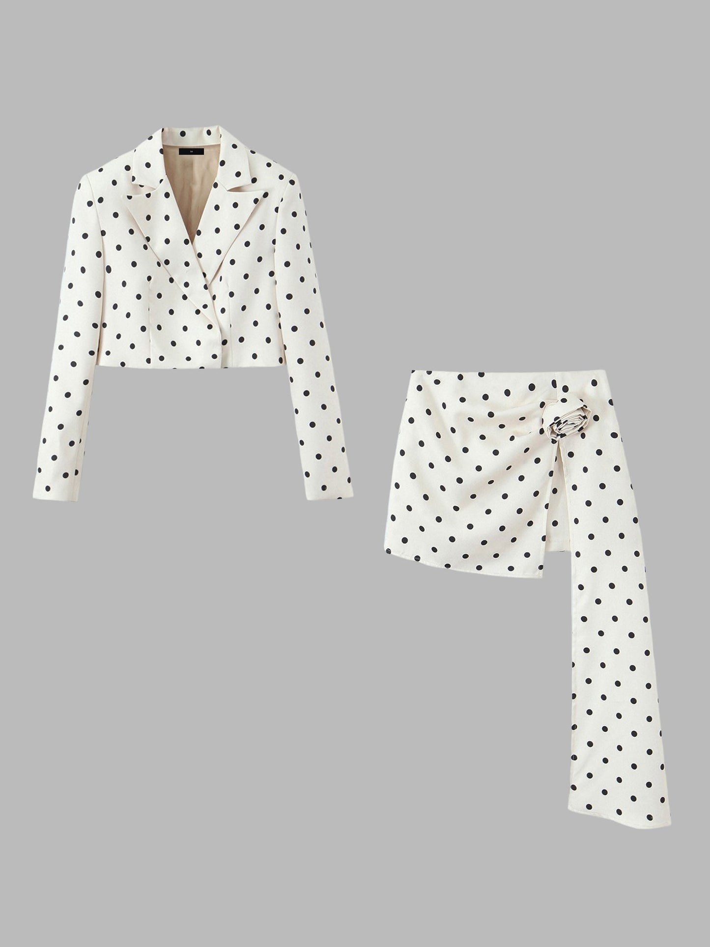 2 Pieces Polka Dots Cropped Blazer & Mini Skirt Suit Set