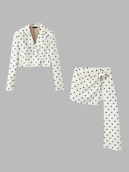 2 Pieces Polka Dots Cropped Blazer & Mini Skirt Suit Set