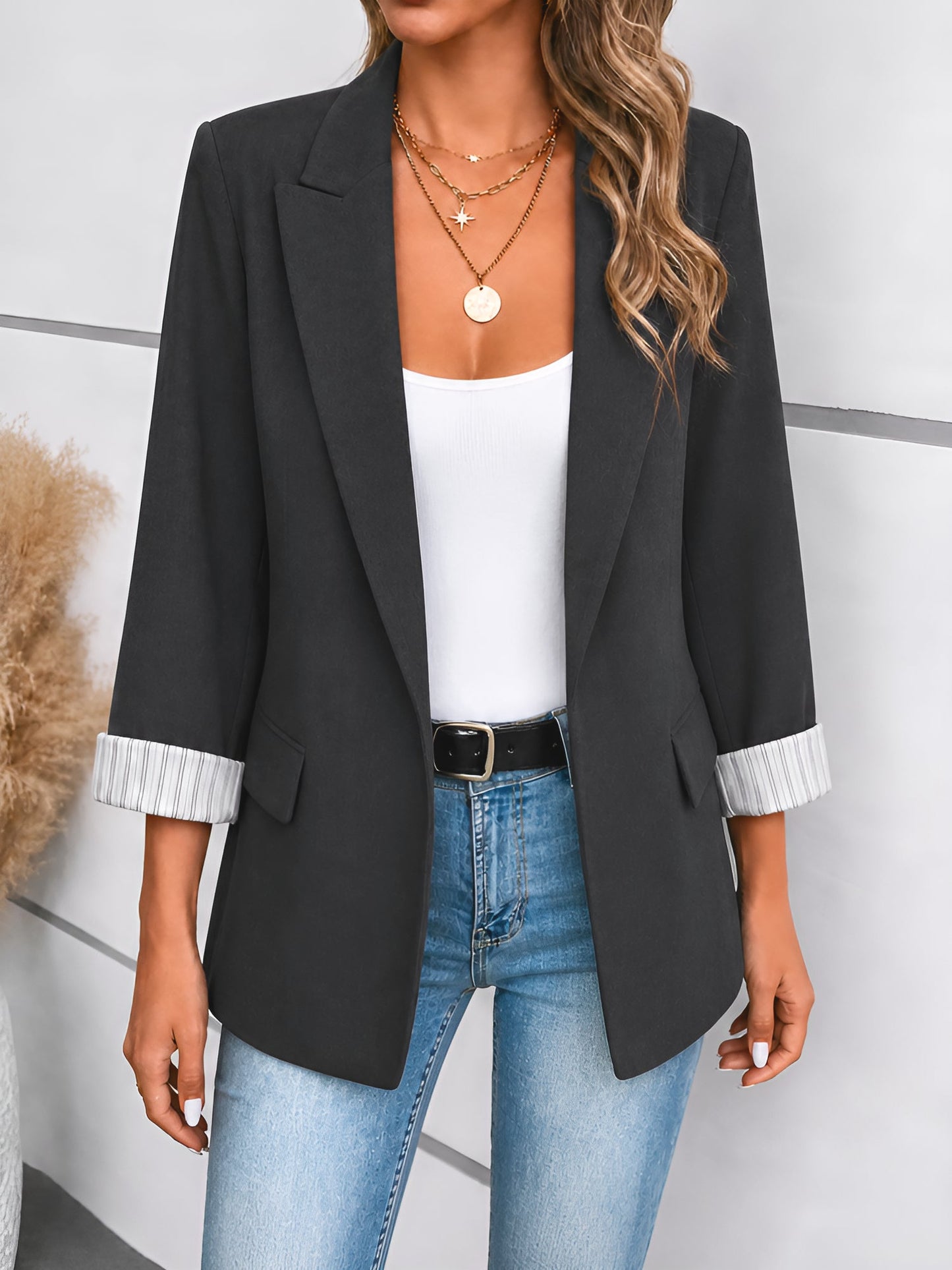 Notched Lapel Rolled Sleeves One Buttoned Blazer