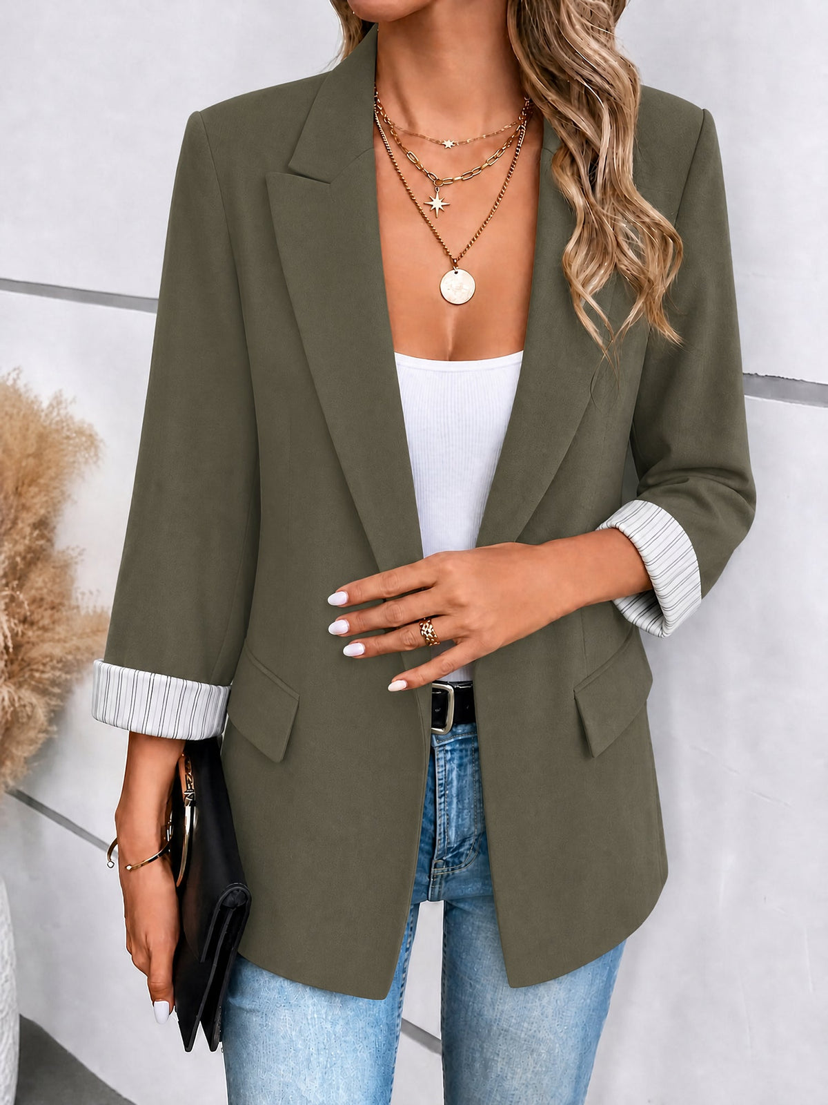 Notched Lapel Rolled Sleeves One Buttoned Blazer