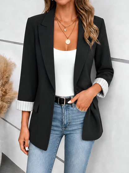 Notched Lapel Rolled Sleeves One Buttoned Blazer