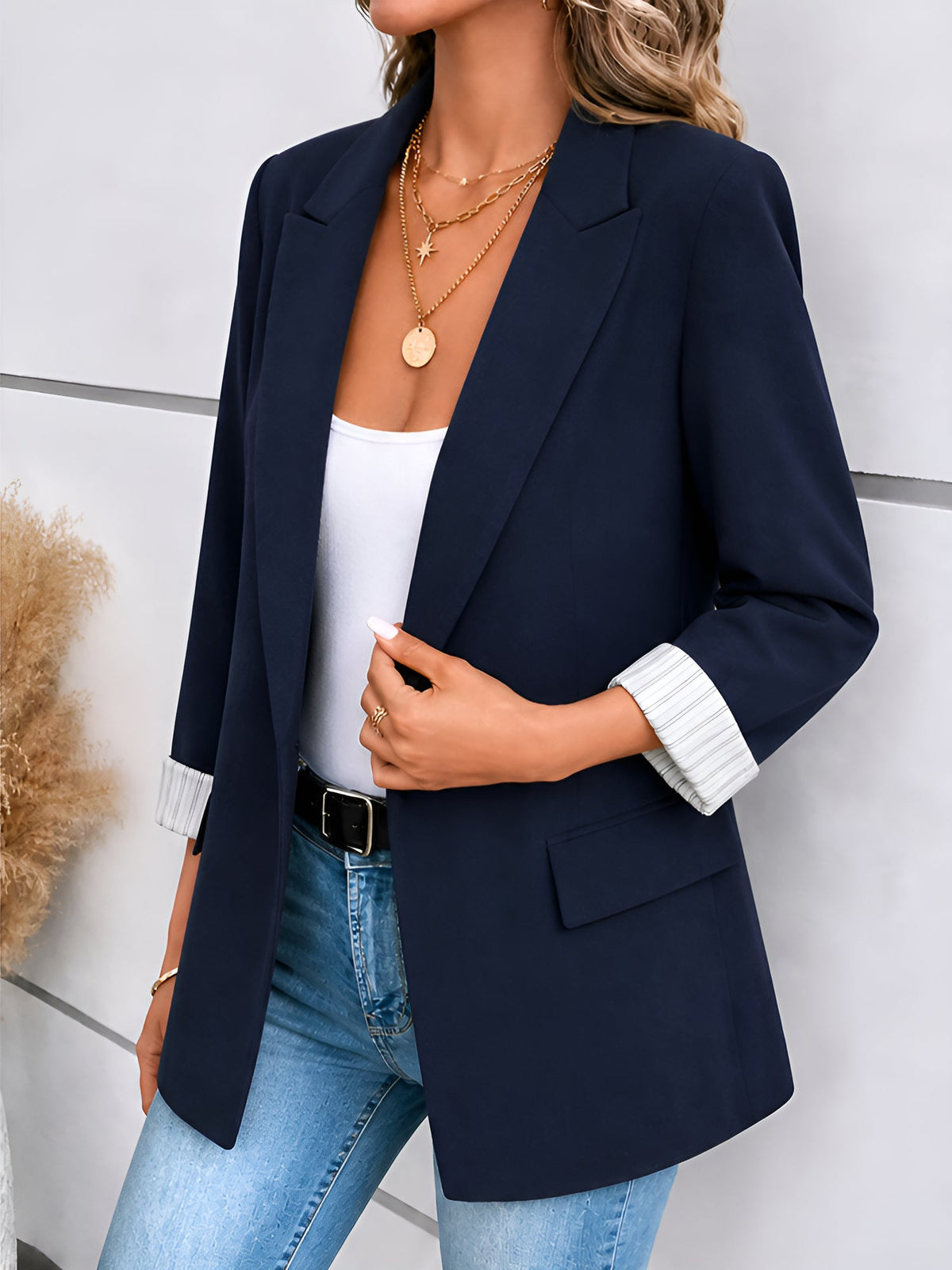 Notched Lapel Rolled Sleeves One Buttoned Blazer