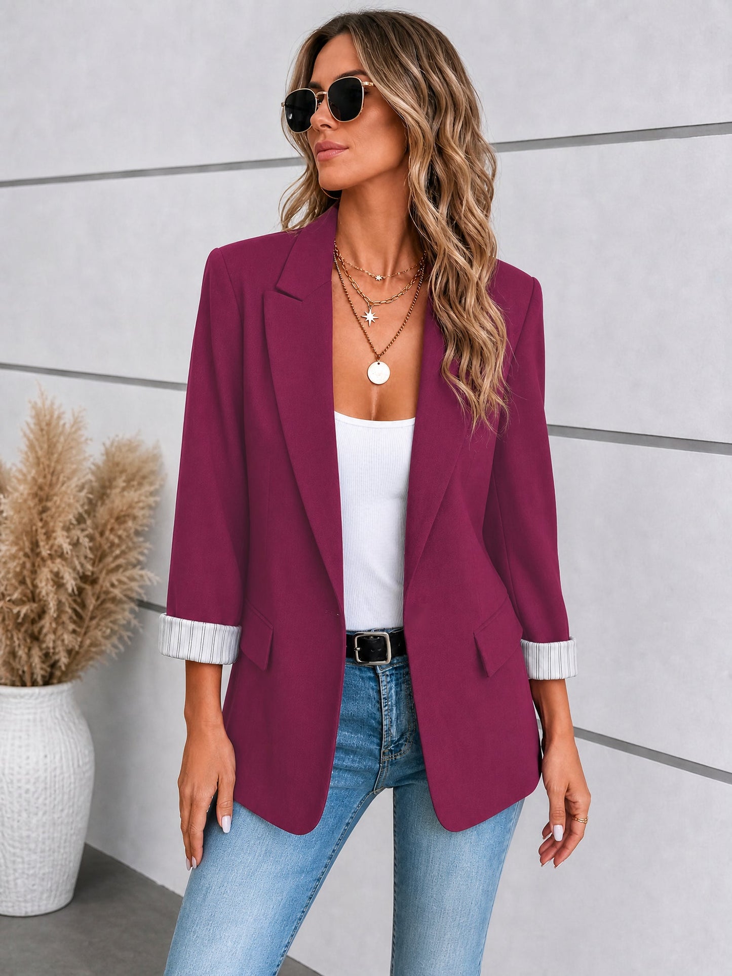 Notched Lapel Rolled Sleeves One Buttoned Blazer
