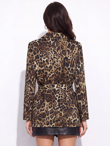 Leopard Notched Lapel Tie Waist Blazer