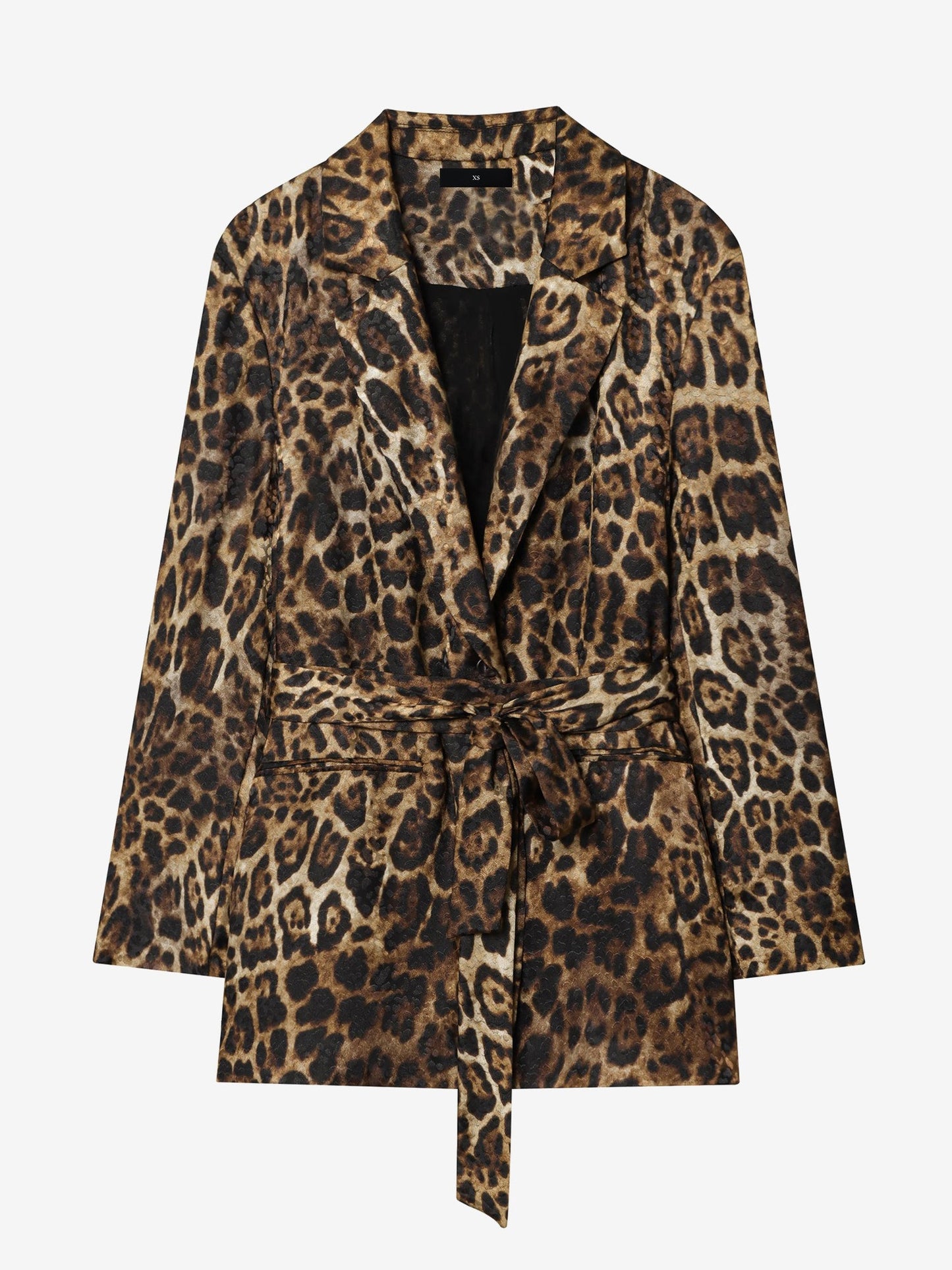 Leopard Notched Lapel Tie Waist Blazer
