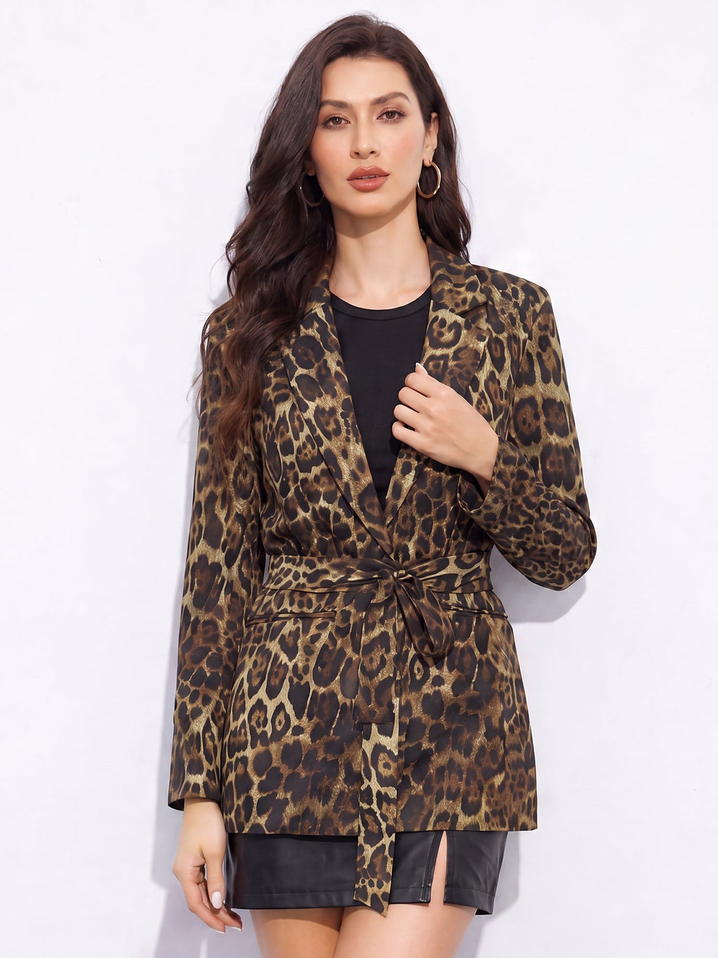 Leopard Notched Lapel Tie Waist Blazer