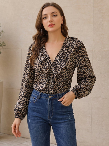 Leopard V Neck Ruffled Puff Long Sleeve Blouse