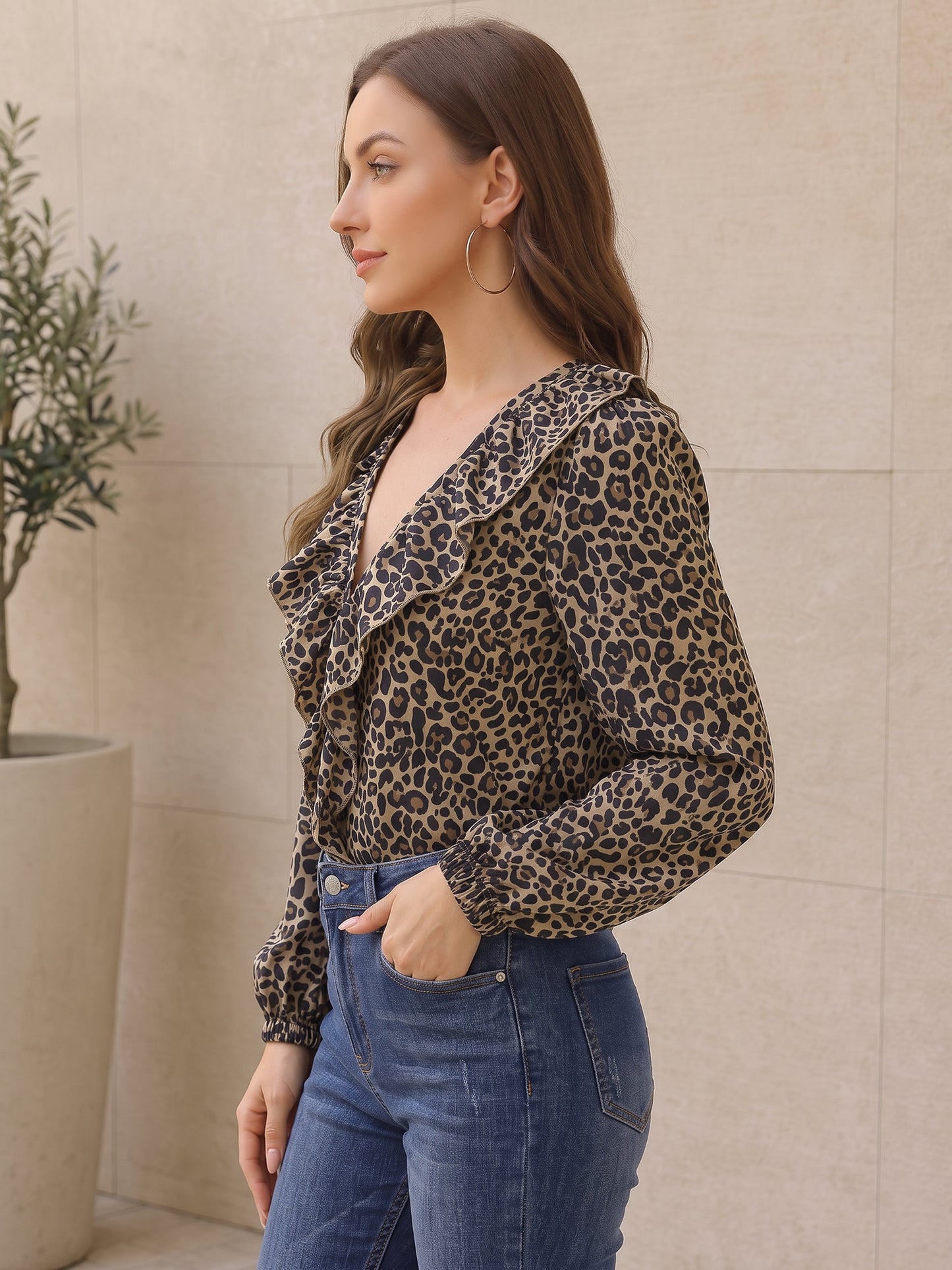 Leopard V Neck Ruffled Puff Long Sleeve Blouse