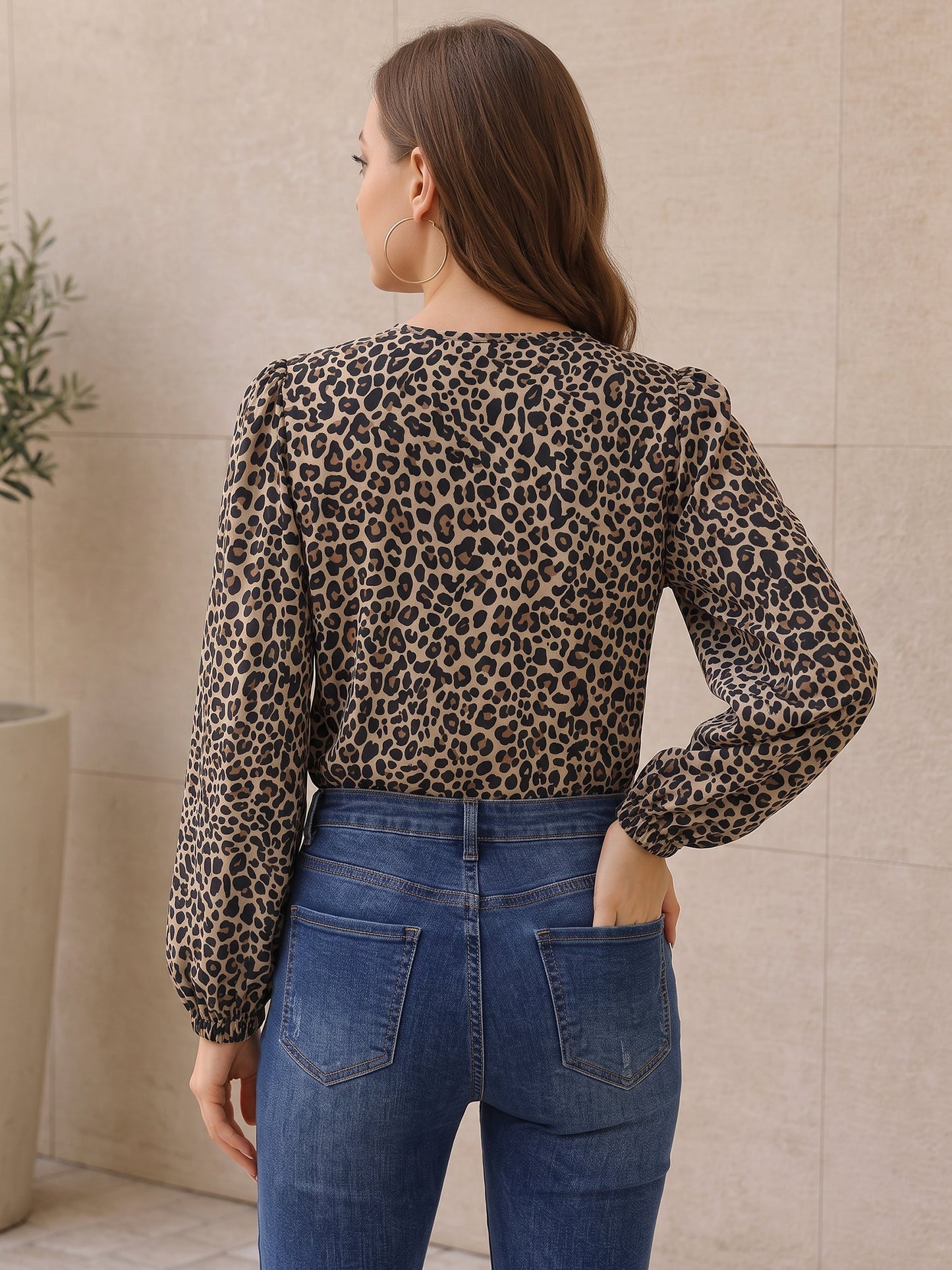 Leopard V Neck Ruffled Puff Long Sleeve Blouse