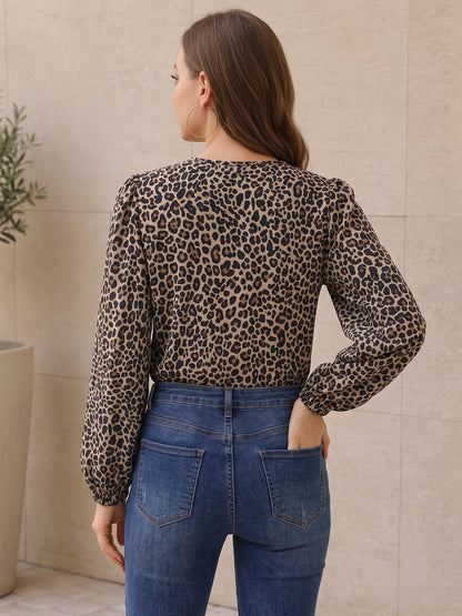 Leopard V Neck Ruffled Puff Long Sleeve Blouse
