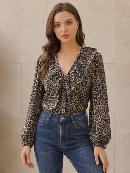 Leopard V Neck Ruffled Puff Long Sleeve Blouse