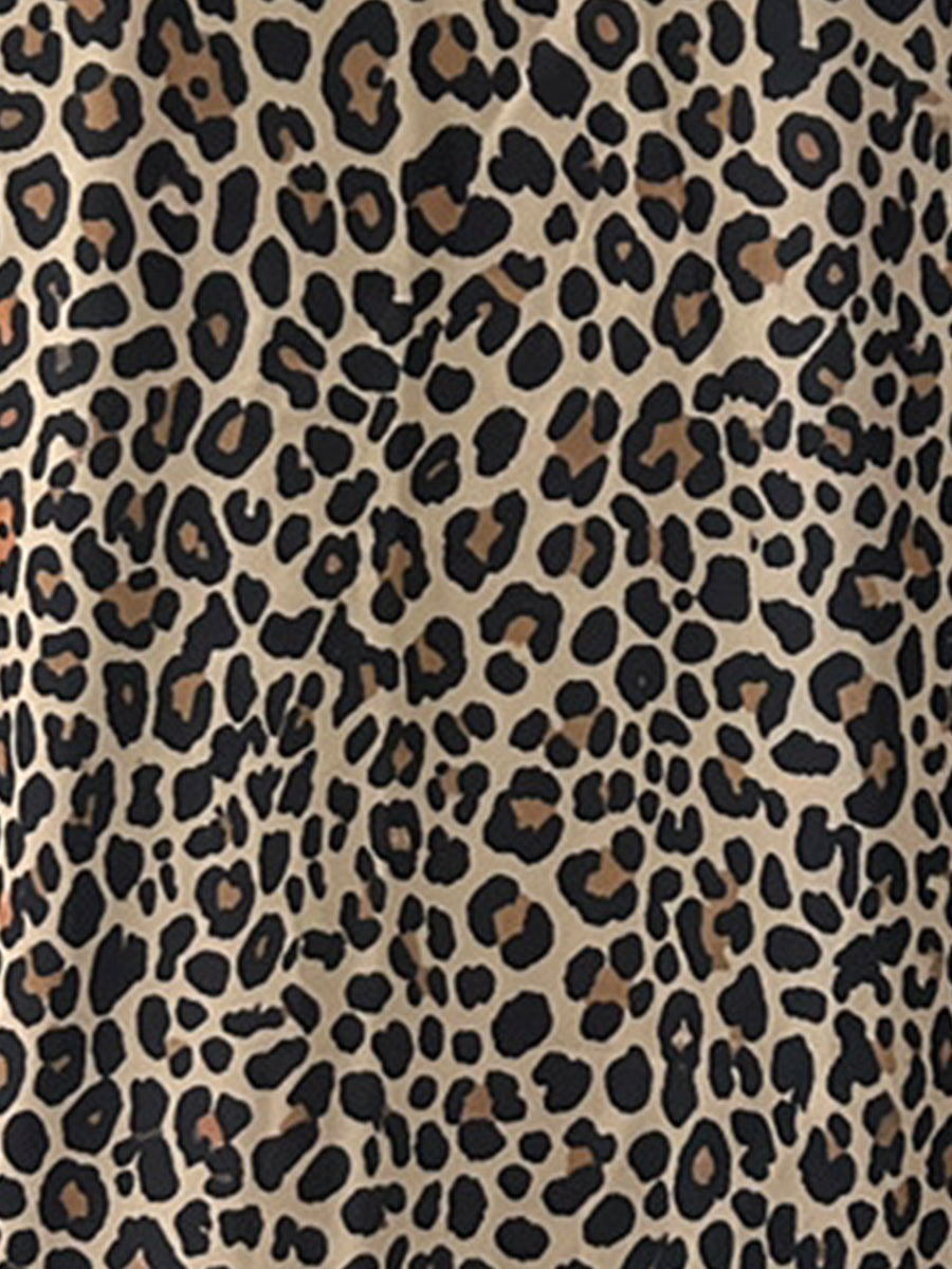 Leopard V Neck Ruffled Puff Long Sleeve Blouse
