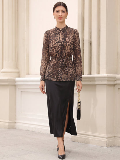 Sheer Leopard Chiffon Long Sleeves Belted Blouse