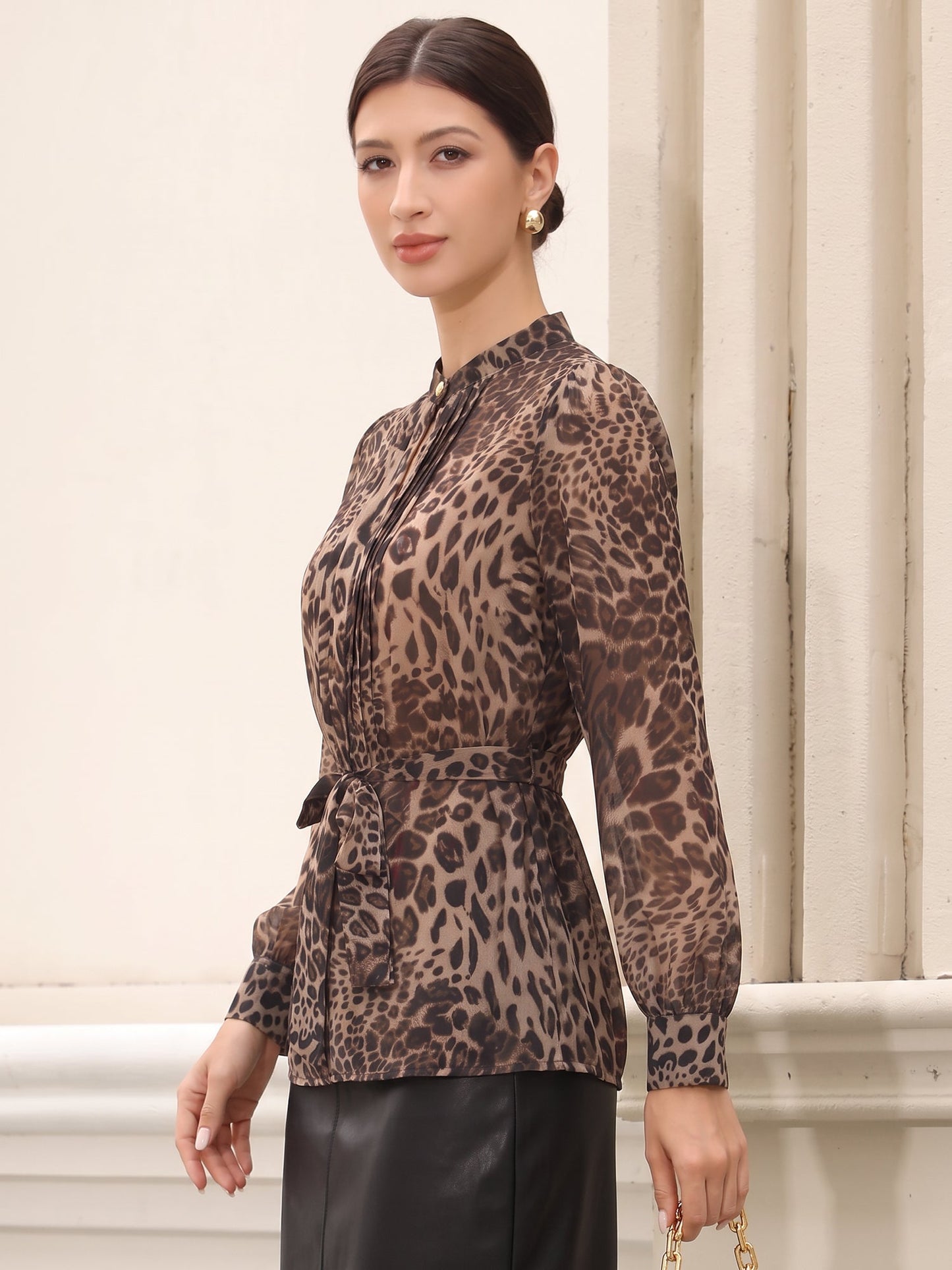 Sheer Leopard Chiffon Long Sleeves Belted Blouse