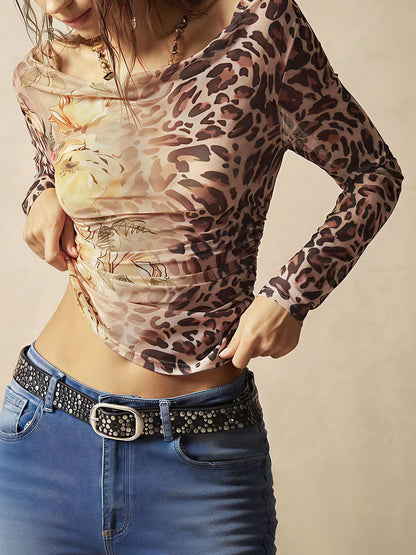 Off-the-shoulder Floral Leopard Cropped Top