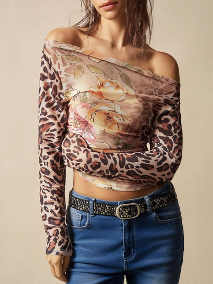 Off-the-shoulder Floral Leopard Cropped Top